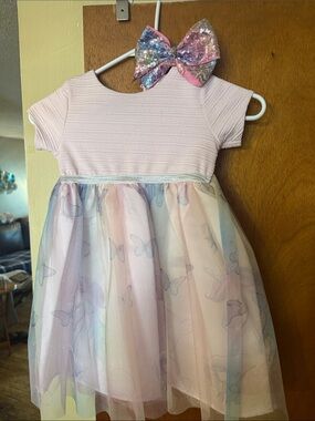 Pink Pastel Butterfly Tulle Dress with Sequin Bow